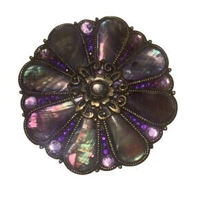 Vintage Inspired Fashion Brooch Pin 3” Purple Goldtone Mother of Pearl Accents